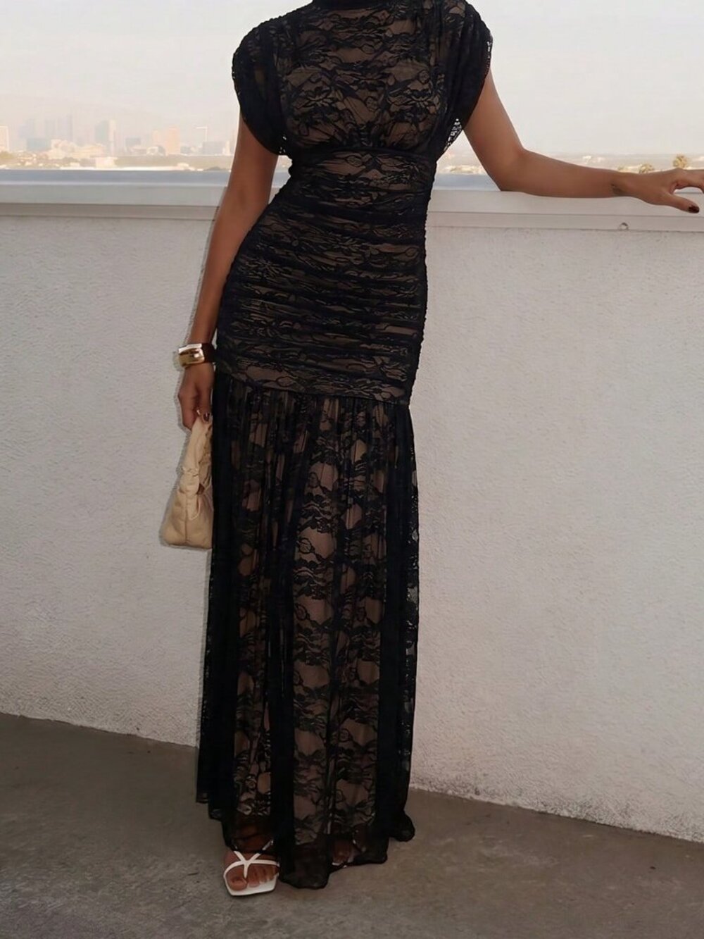 Black Elegant Women's Contrast Lace Stand Collar High Waist Bodycon Dress